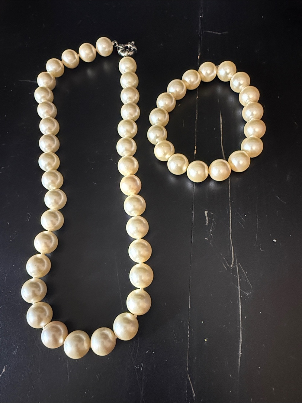 Vintage Heavy Glass Pearl Set 18" Hand Knotted Necklace & Matching Bracelet